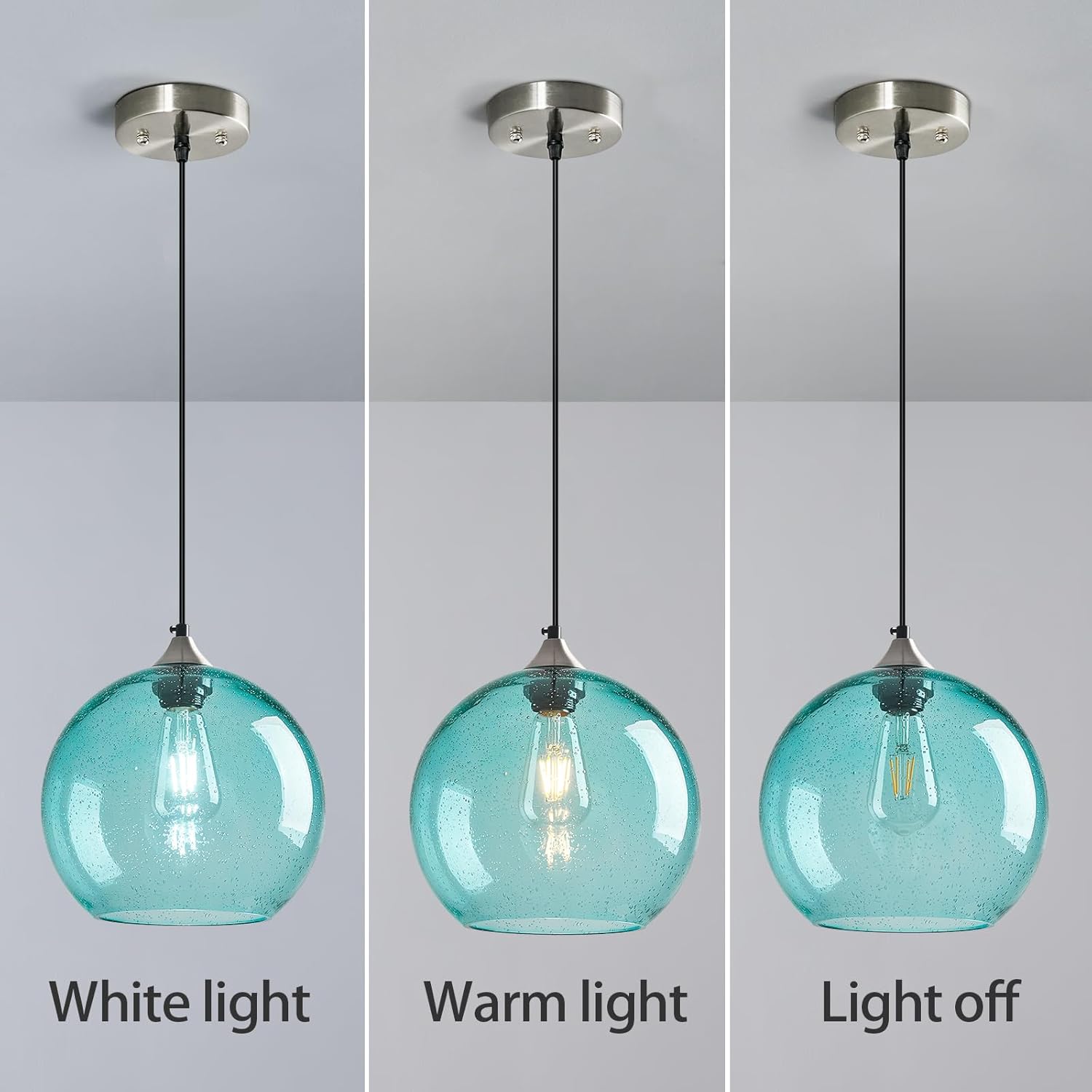 Light Blue Glass Pendant Lights Kitchen Island Globe Pendant Light Fixtures Modern Pendant Lighting for Bedroom Living Dining Room Light Fixture (9.84 in, 2 Pack)