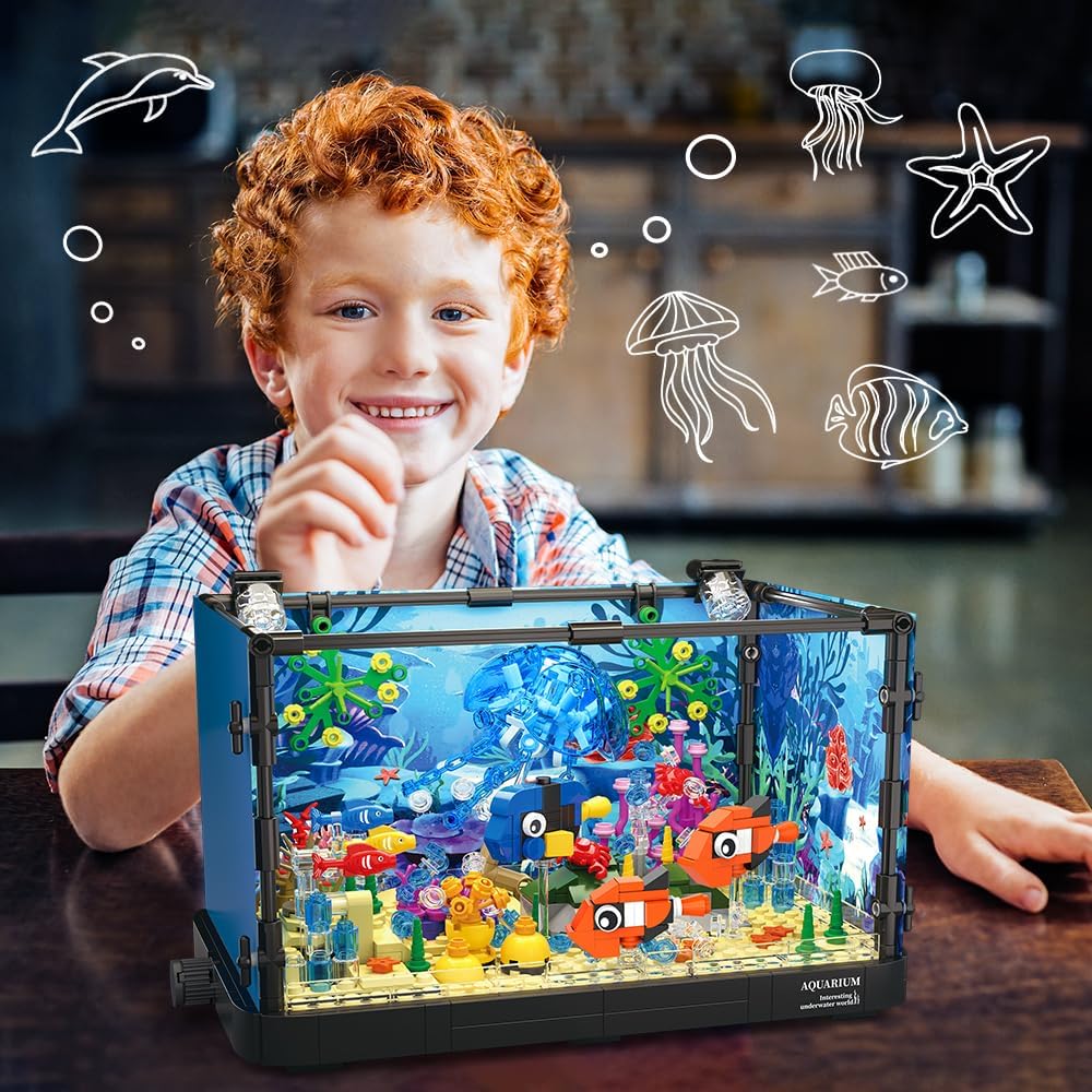 HOGOKIDS Fish Tank Building Set with LED Light - Movable Aquarium Building Toys for Adults Kids | 725PCS Creative Aquarium Toy with Jellyfish, Fish Animal Educational Gift for Boys Girls Age 8-14