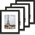 11x14 Picture Frame Set of 4, Made of Real Glass and Rustic Black Wooden Frame, Display 8x10 Pictures with Mat or 11 x 14 Posters without Mat for Wall Mounting, Gallery Photo Frames