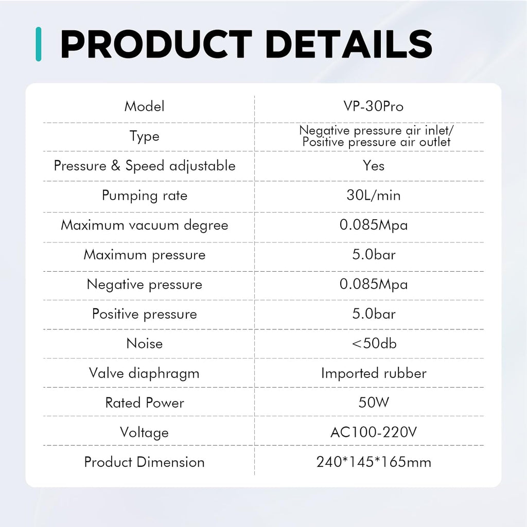 LAB FISH Adjustable Pressure Vacuum Pump Portable Oilless Diaphragm Vacuum Filtration 30L/min & Rubber Tube Positive & Negative Pressure,110V-220V