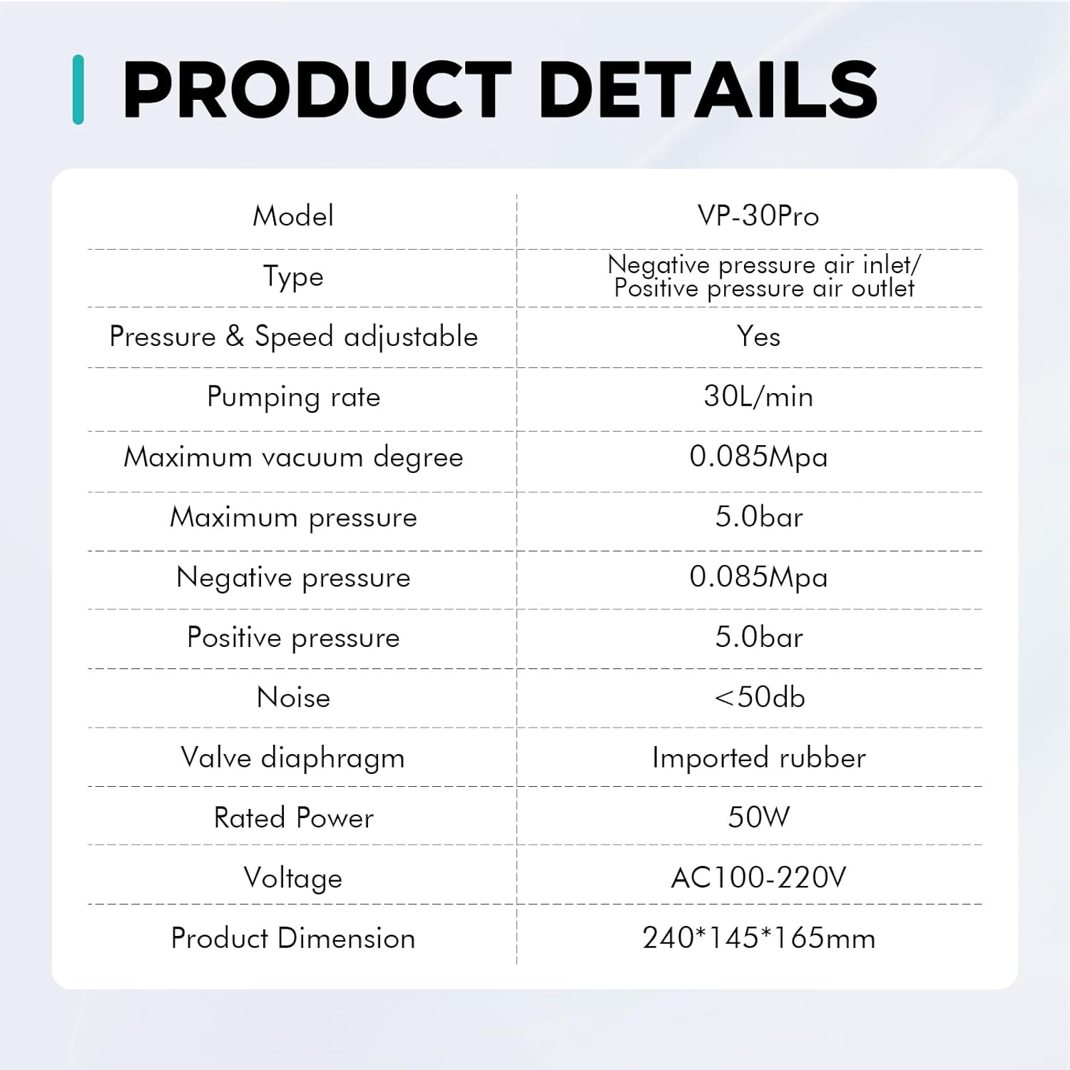 LAB FISH Adjustable Pressure Vacuum Pump Portable Oilless Diaphragm Vacuum Filtration 30L/min & Rubber Tube Positive & Negative Pressure,110V-220V