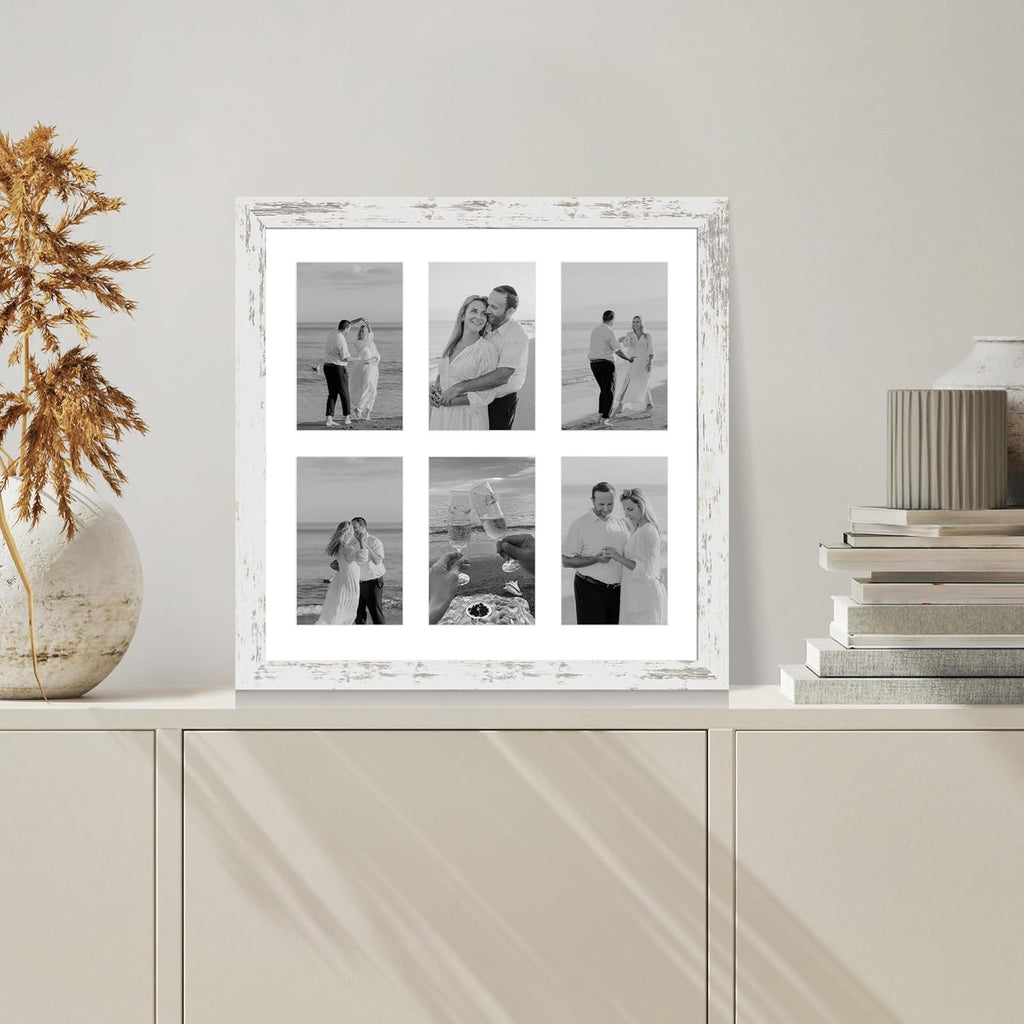 14x14 Picture Frame Set of 2, Distressed White with Glass Collage Frame, Display Photo Six Opening 4x6 With Mat or 14 x 14 Without Mat - Horizontal or Vertical Wall Mounting