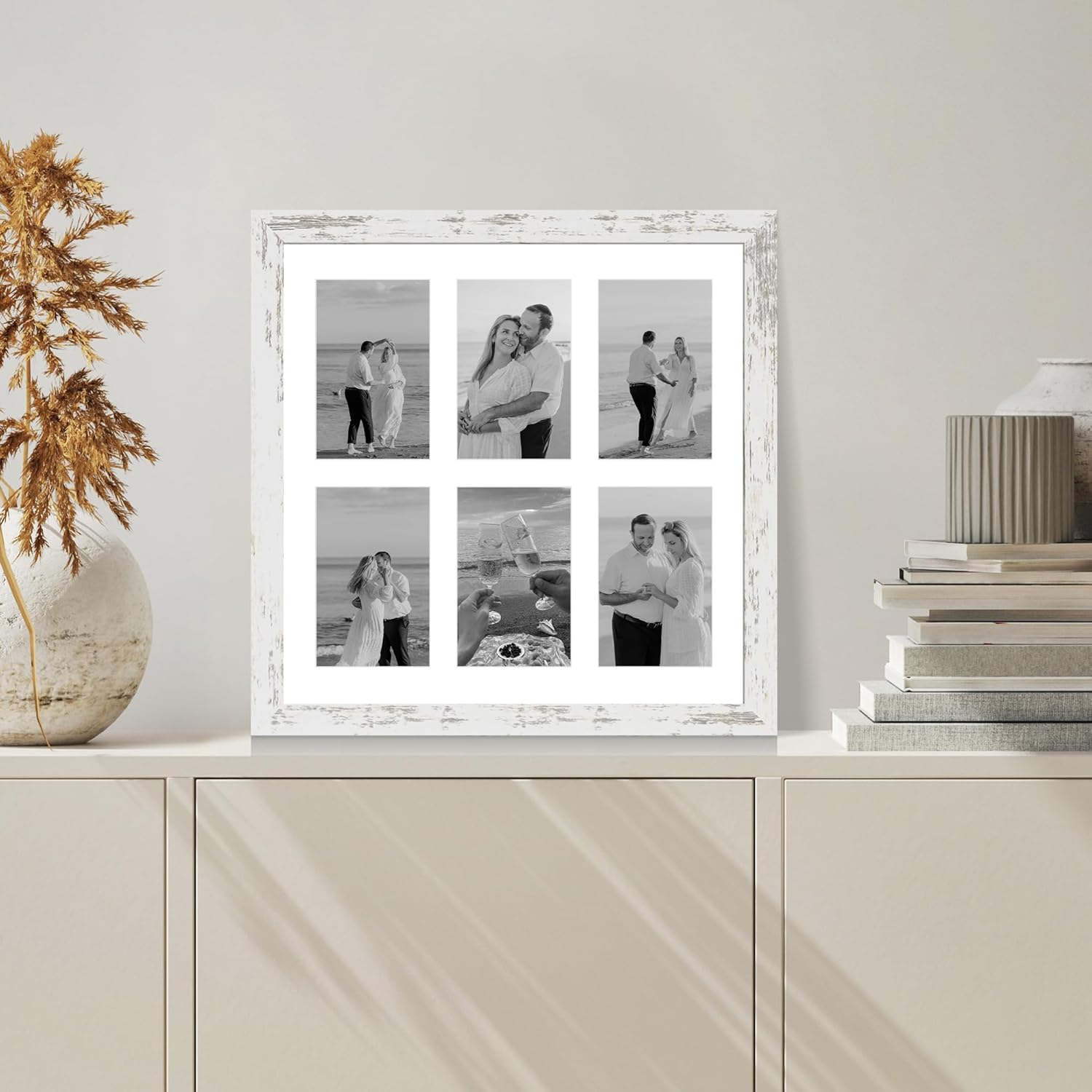 14x14 Picture Frame Set of 2, Distressed White with Glass Collage Frame, Display Photo Six Opening 4x6 With Mat or 14 x 14 Without Mat - Horizontal or Vertical Wall Mounting