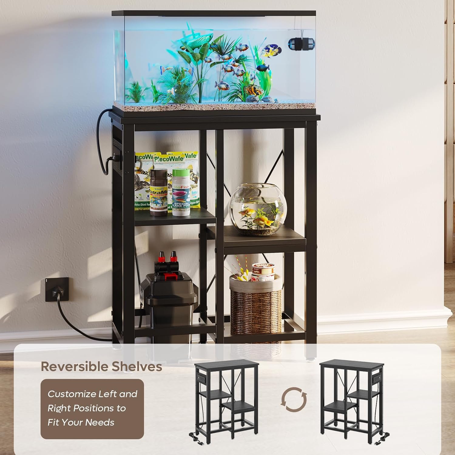 Bestier 10 Gallon Fish Tank Stand with Power Outlet, 20.3x10.6 Metal Aquarium Stand with Filter Storage, 6-Leg Reptile Tank Stand with 3-Tier Adjustable Storage Shelves, 264LBS Capacity，Black Oak