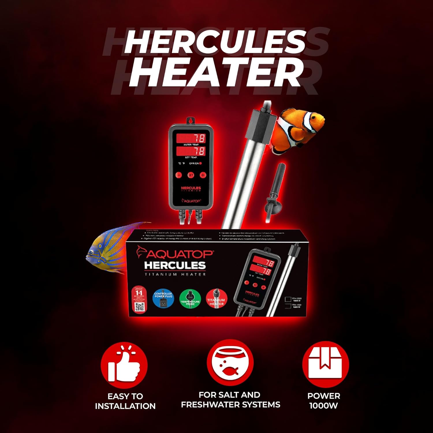 Aquatop Hercules 1,000W Titanium Heater with Digital Controller – for 300-Gallon Tanks – Adjustable Temperature – for Fresh & Saltwater Aquariums