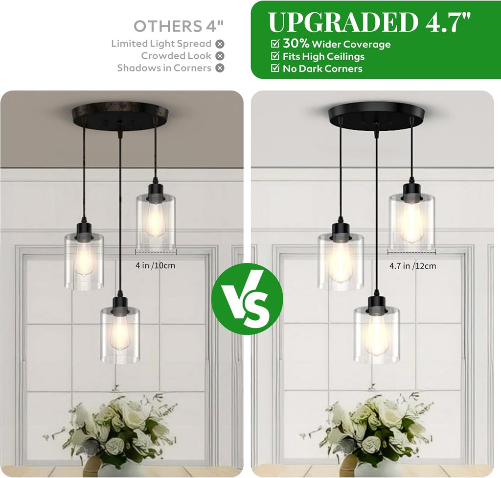 3-Light Pendant Lighting for Kitchen Island, Dining Room, Hallway, Foyer, Entryway, Matte Black Ceiling Light Fixture with Clear Glass and Upgraded 4.7" Shades