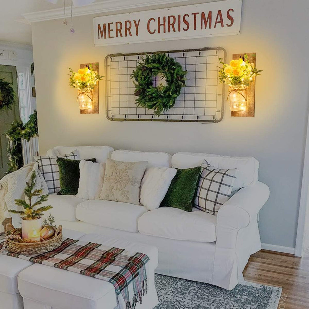 Wall Decor Mason Jar Sconces - Rustic Farmhouse Home Decor with Remote Control Wall Lights and Yellow Rose for Bedroom Wall Decor Living Room Kitchen Decorations Set of Two