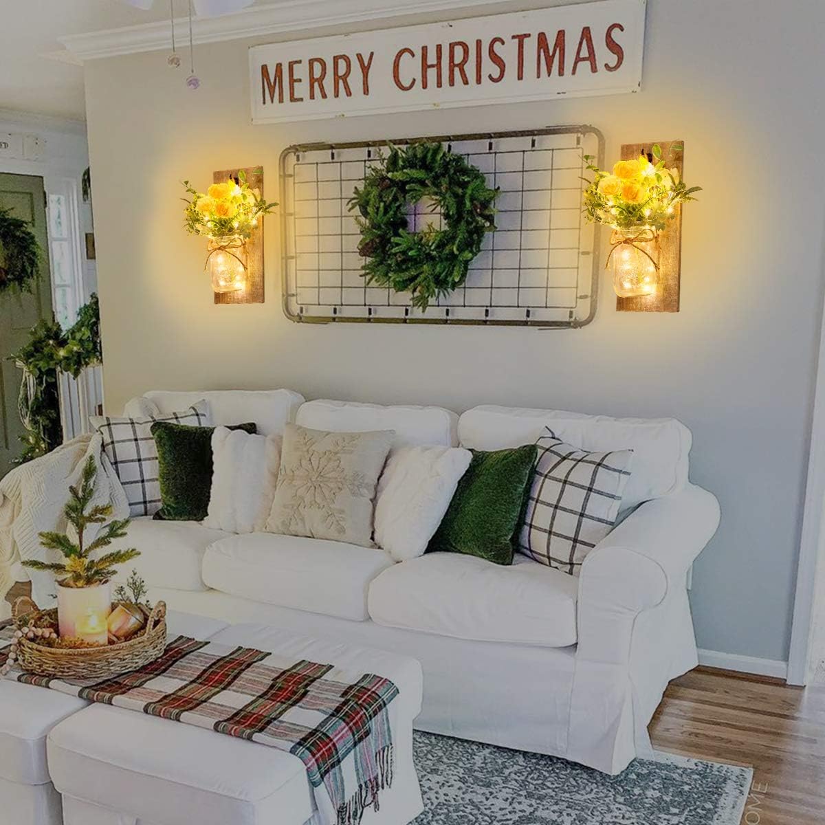 Wall Decor Mason Jar Sconces - Rustic Farmhouse Home Decor with Remote Control Wall Lights and Yellow Rose for Bedroom Wall Decor Living Room Kitchen Decorations Set of Two