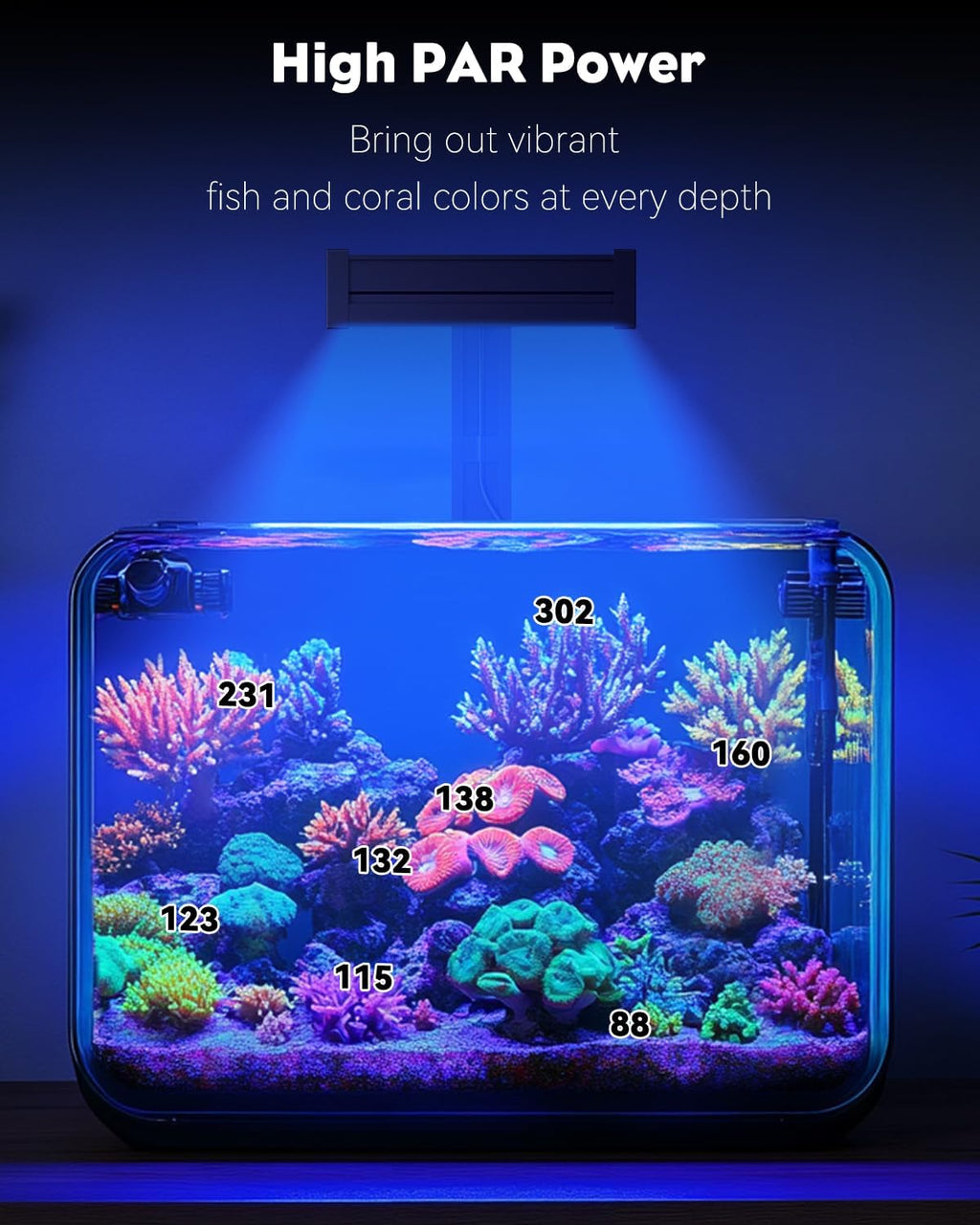 Pawfly 50W Reef Tank LED Light for SPS & LPS Corals, Clip-On Saltwater Aquarium Lamp with Timer, Day Night Modes, Adjustable Brightness, Blue UV Violet RGB Lighting