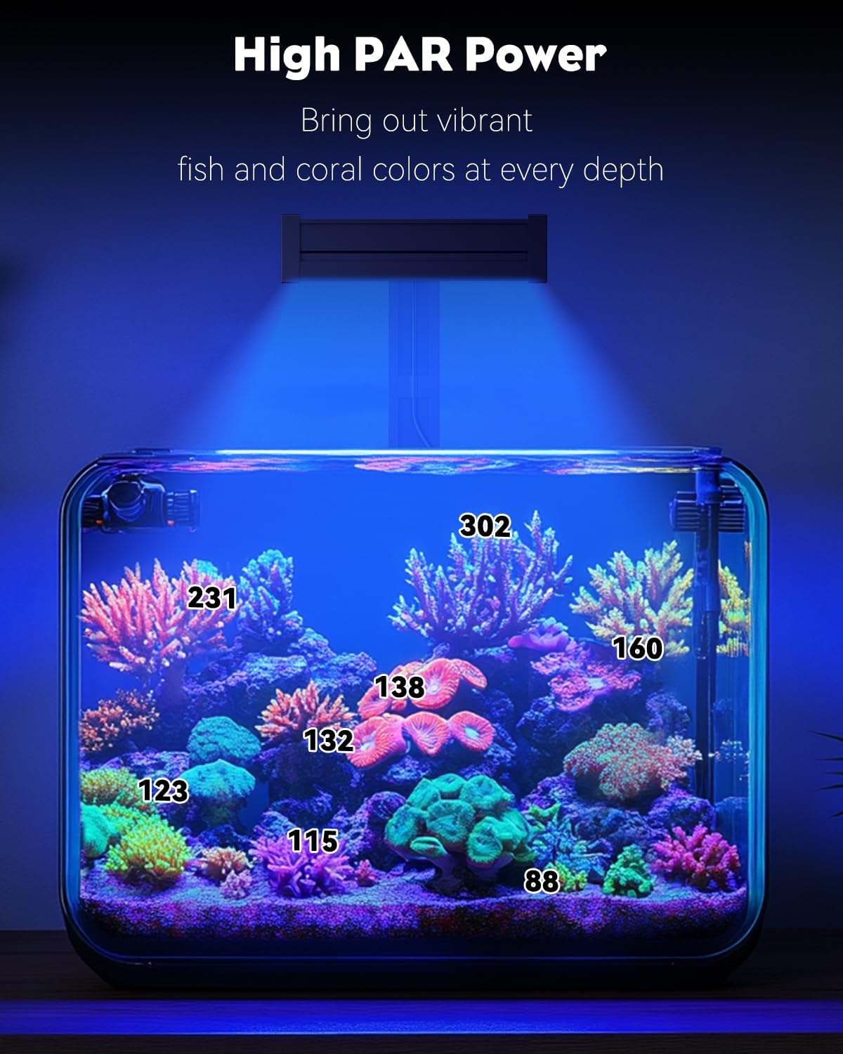 Pawfly 50W Reef Tank LED Light for SPS & LPS Corals, Clip-On Saltwater Aquarium Lamp with Timer, Day Night Modes, Adjustable Brightness, Blue UV Violet RGB Lighting