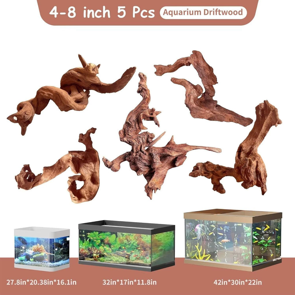 5-Piece 4-8 Inches Natural Aquarium Driftwood Decorations - Aquascape Decor for Fish Tanks, Betta Hideouts, Reptile Enclosures & Plant Attachment