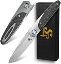 Sitivien ST992 Folding Pocket Knife,Handmade M390 Pearlescent Brushed Steel Blade,Titanium Carbon Fiber Handle EDC Tool Knife for Outdoor Camping,Hiking,Survival,Hunting(Gray) …