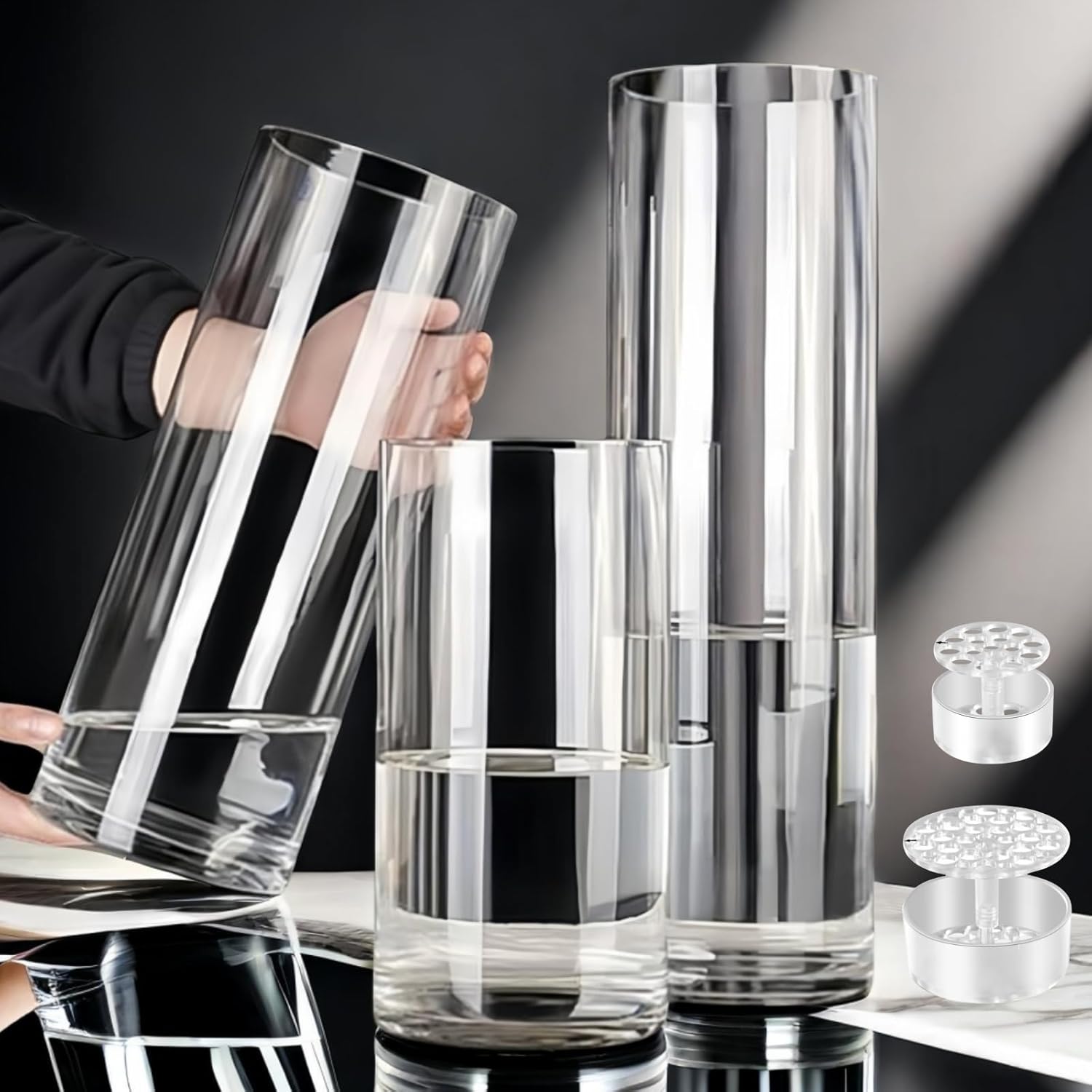 3 Large Acrylic Clear Cylinder Vase Set with 2 Spiral Ikebana Stem Holder Ring, Unbreakable Tall Plastic Hurricane Vases for Wedding Centerpieces Flower Bouquet Decor (3 Vases + 2 Holder)