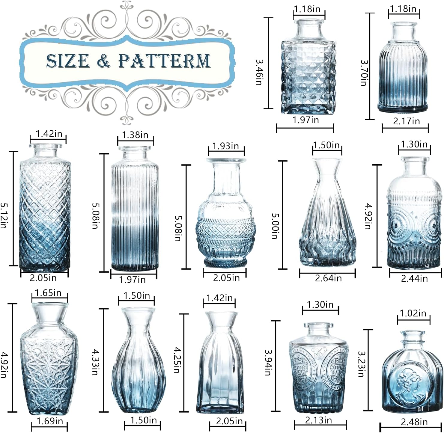 Bud Vases Set of 12,Glass Bud Vases in Bulk,Small Flower Vases for Centerpieces,Mini Vintage Vase for Wedding, Home Table Decor,Christmas,Party Decoration,Blue