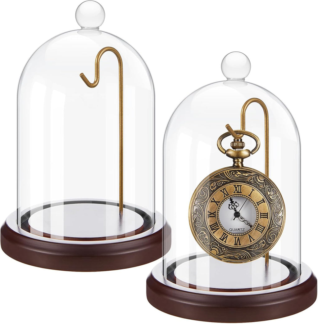 2 Pcs Pocket Watch Glass Display with Hooks Dome Cloche with Wood Base Decorative Dome Showcase for Watch Plants Medals Photos Collectibles Dark MDF Base