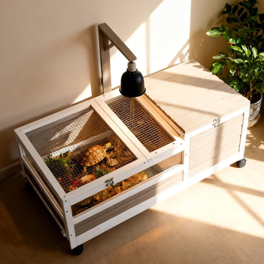 Tortoise Habitat with Lamp Holder in Indoor & Outdoor, Wooden Turtle Enclosure Table with 4 360° Lockable Wheels, Leakproof Tray, Openable Roof for Tortle, Lizard, 78" L x 23" W x 14" H