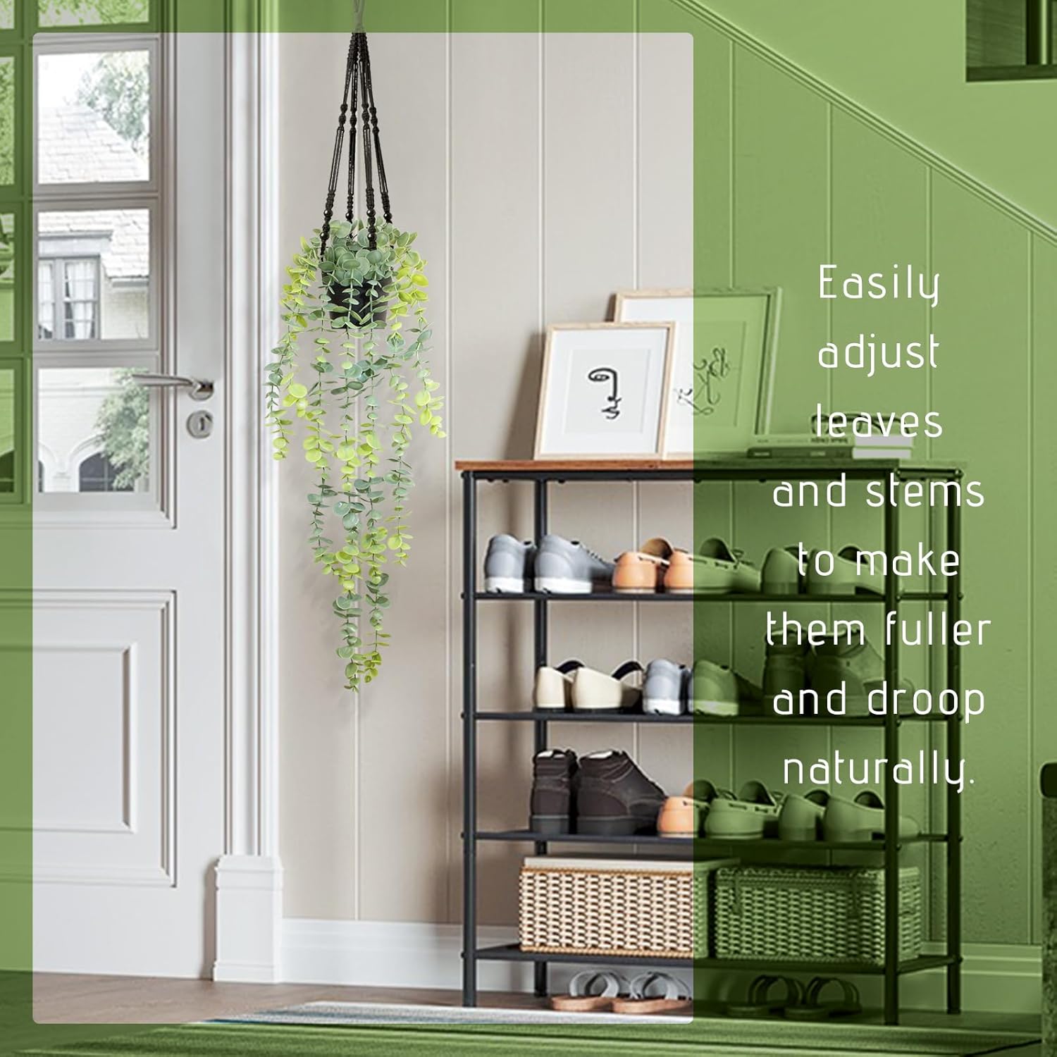 Fake Hanging Eucalyptus Plants Artificial Faux Plants Indoor Small Hanging Greenery Decor for Shelf with Black Pot Soft Green for Living Room, Kitchen, Balcony, Garden, Bedroom