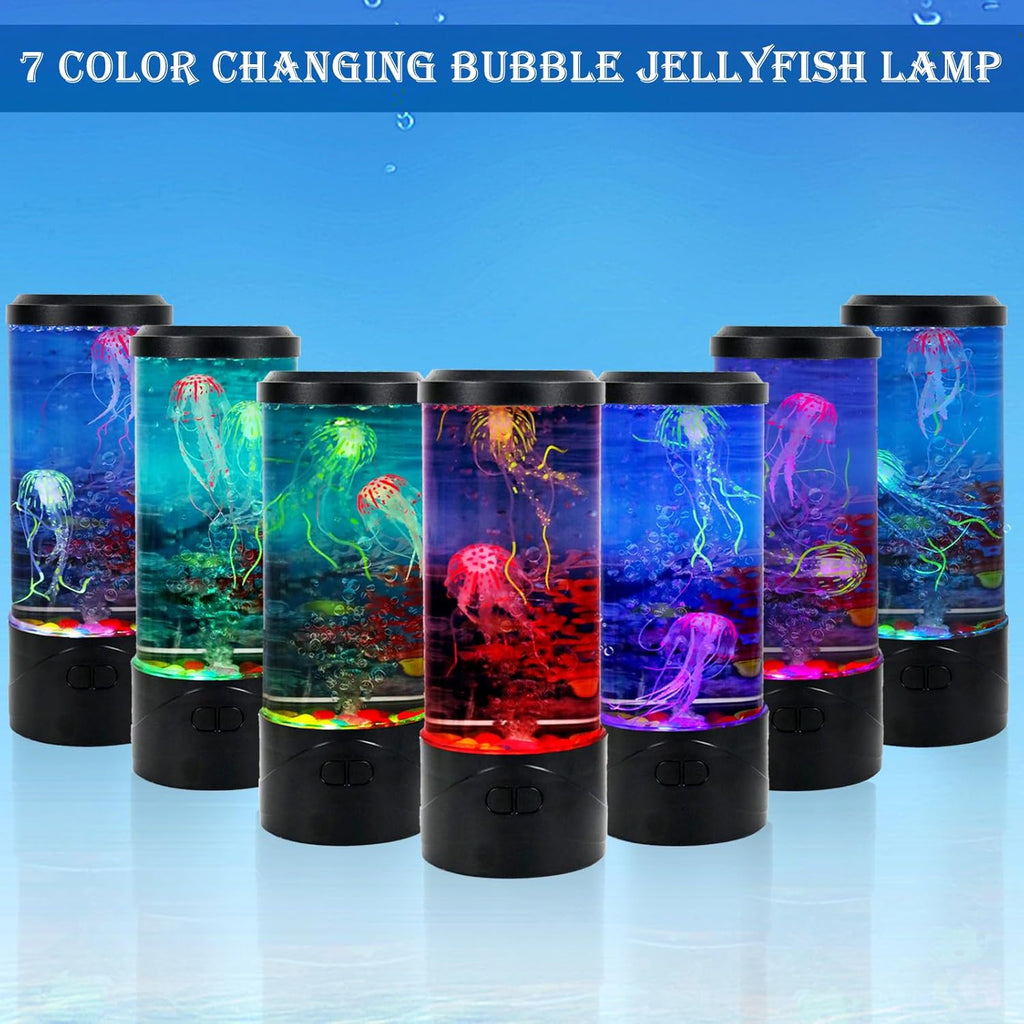 Toycol Bubble Jellyfish Aquarium Lamp Night Light with Floating Bubbles & 7 Color Changing Modes, USB Powered Ocean Theme Lamp for Home Desk Decor, Kids Room, Gift Ideas for Children and Adults