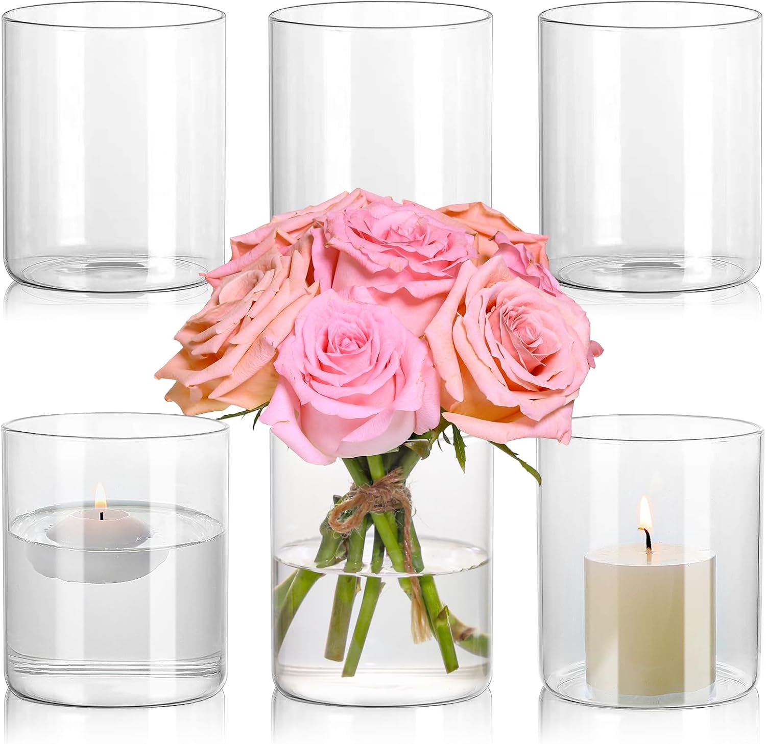 Glass Cylinder Vase Set of 6 for Centerpieces, 5 Inch Short Clear Flower Vases Bulk, Glass Hurricane Candle Holder for Table, Floating Candle Vases for Wedding Home Décor