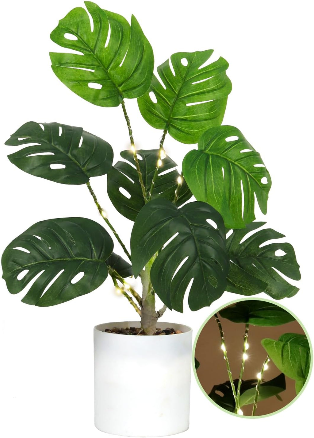 RECUTMS Fake Plants Tall 18In with Light Artificial Monstera Plant Potted Tropical Palm Tree in White Pot Faux Potted Greenery for Indoor Home Office Table Living Room Balcony Porch Outdoor Decor
