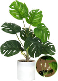 RECUTMS Fake Plants Tall 18In with Light Artificial Monstera Plant Potted Tropical Palm Tree in White Pot Faux Potted Greenery for Indoor Home Office Table Living Room Balcony Porch Outdoor Decor