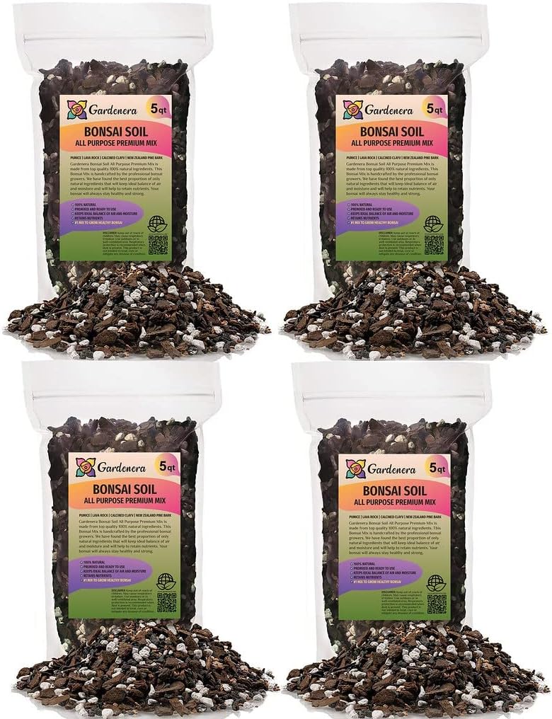 Premium Bonsai Soil All Purpose Fast Draining Mix - 20 Quart - Pumice, Lava, Calcined Clay and Pine Bark Potting Pre Mixed Bonsai Plant Soil Mixture by GARDENERA - Made in USA - (4 Bags of 5QT)