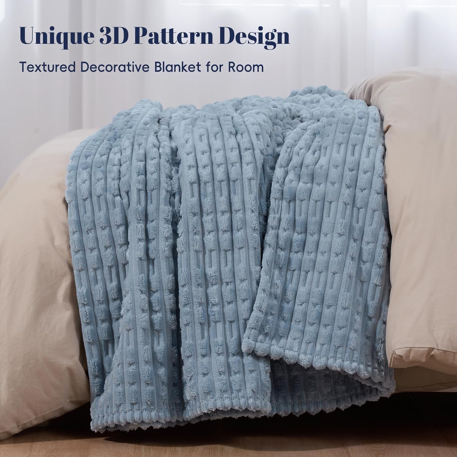 PHF Ultra Soft Flannel Fleece Blanket Queen Size, Lightweight 3D Jacquard Fleece Blanket, No Shedding, No Pilling, Luxury 340GSM Aesthetic Fluffy Cozy for Bed Room Decor, 90"x90", Dusty Blue