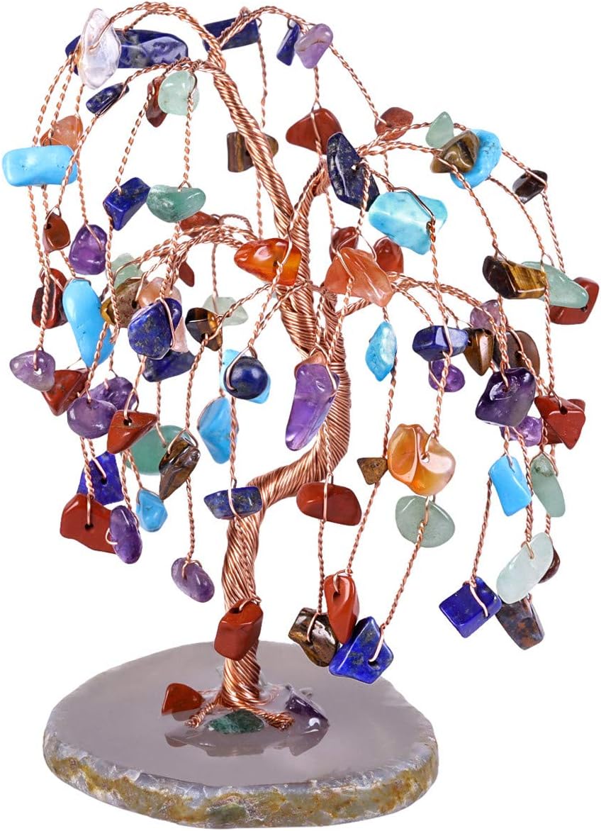 mookaitedecor 7 Chakra Crystal Tree Tumbled Stones, Geode Agate Slices Base Money Tree Decoration for Wealth and Luck 5.7"-6.7"