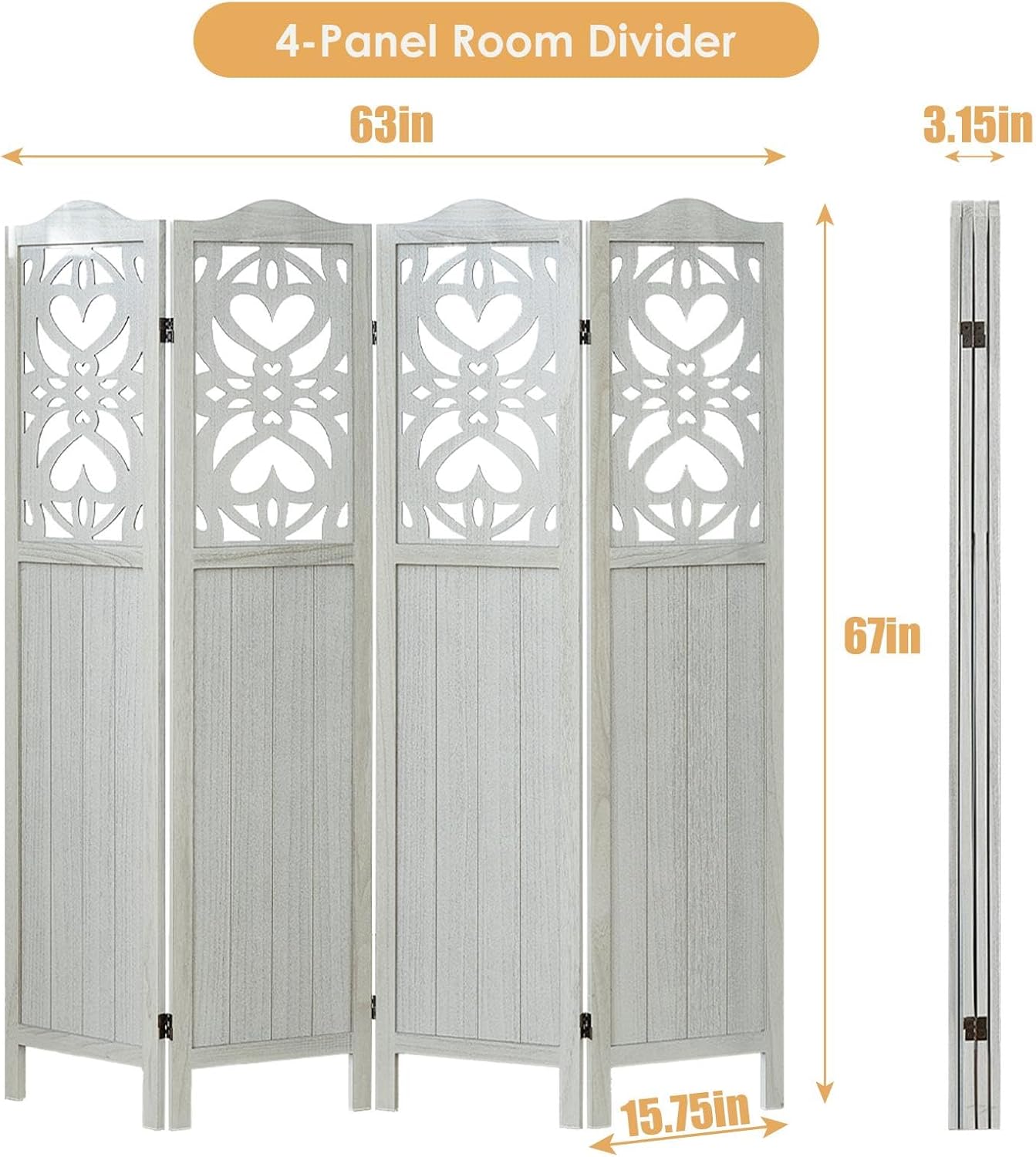 4 Panel Room Divider Fully Assembled, Carved Room Dividers and Folding Screens, 5.6Ft Wood Room Divider Screen Freestanding Partition Wall Dividers for Home Bedroom Office, Rustic White
