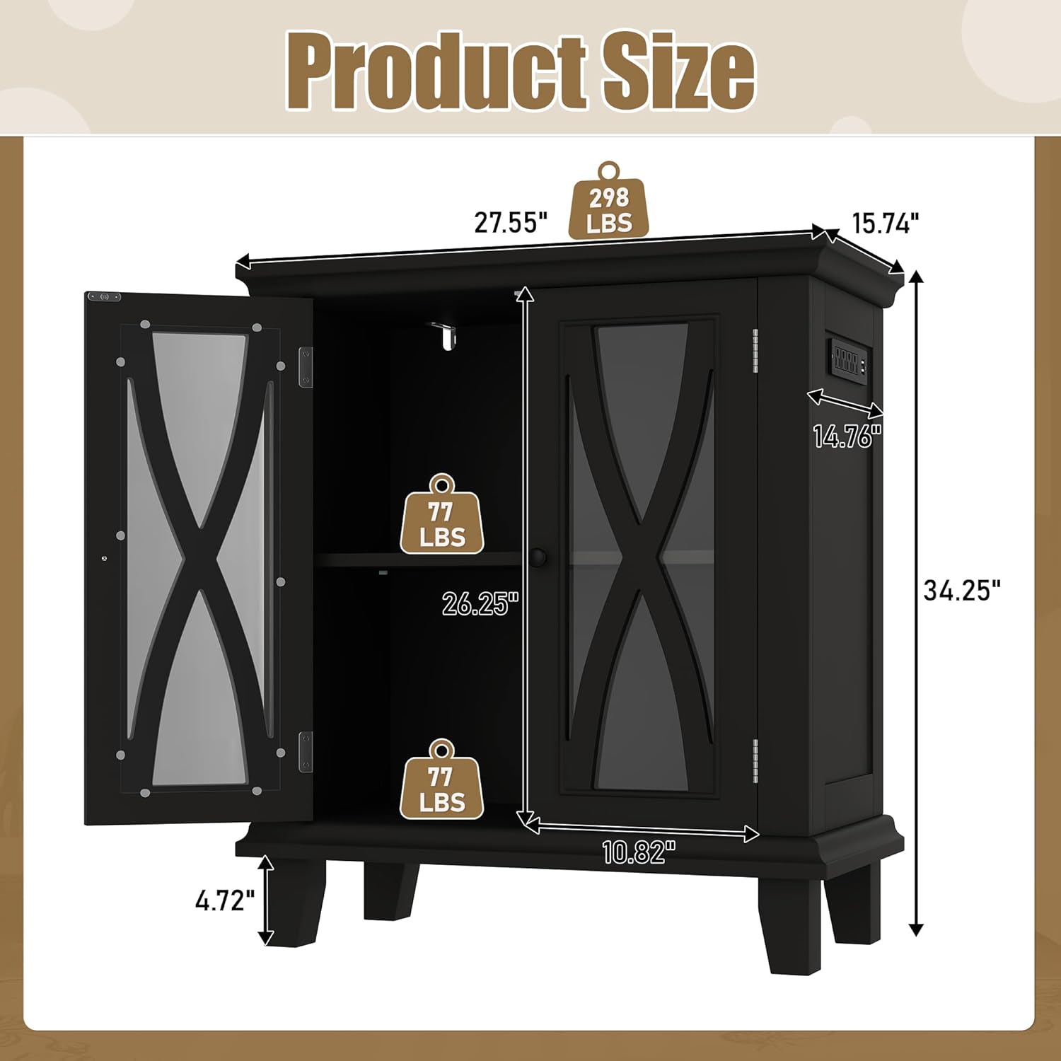20 Gallon Fish Tank Stand with Cabinet Storage and Power Outlets (4 AC 2 USB), Modern Aquarium Cabinet with Adjustable Shelves, MDF Frame, 298LBS Capacity, Black