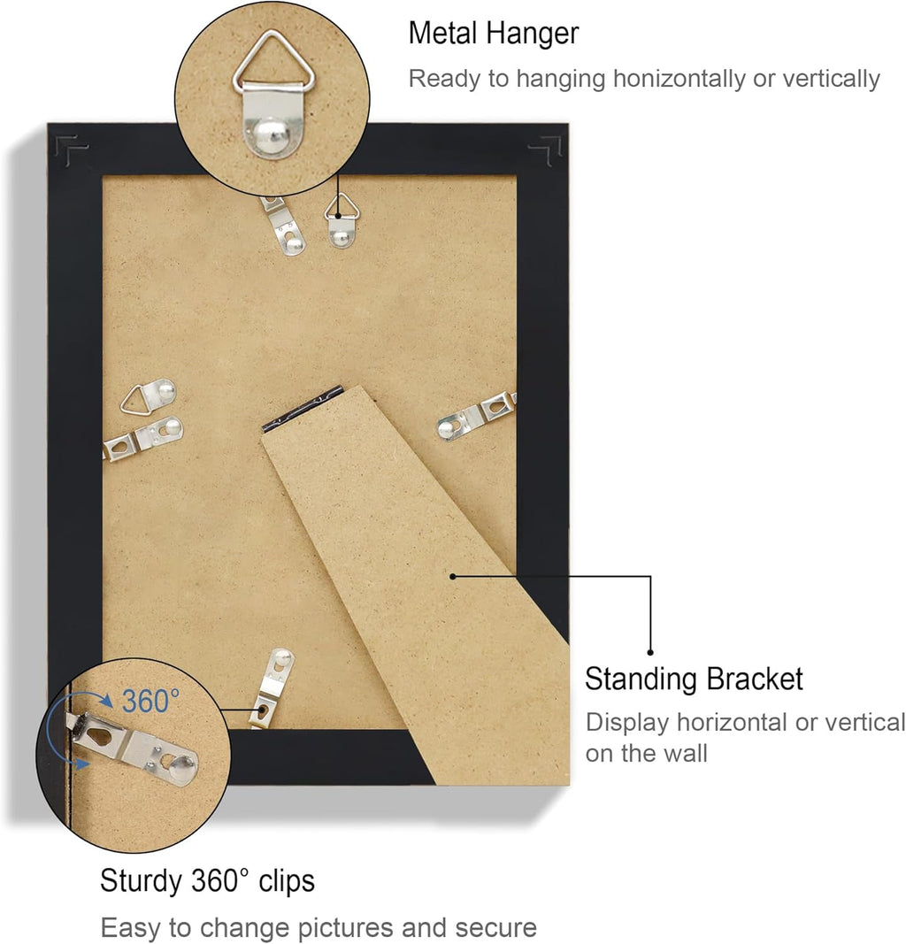 6x8 Picture Frame Set of 4, Made of Real Glass and Black Frame - Display Picture 4x6 with Mat or 6x8 Without Mat, 6 by 8 Photo for Wall or Tabletop