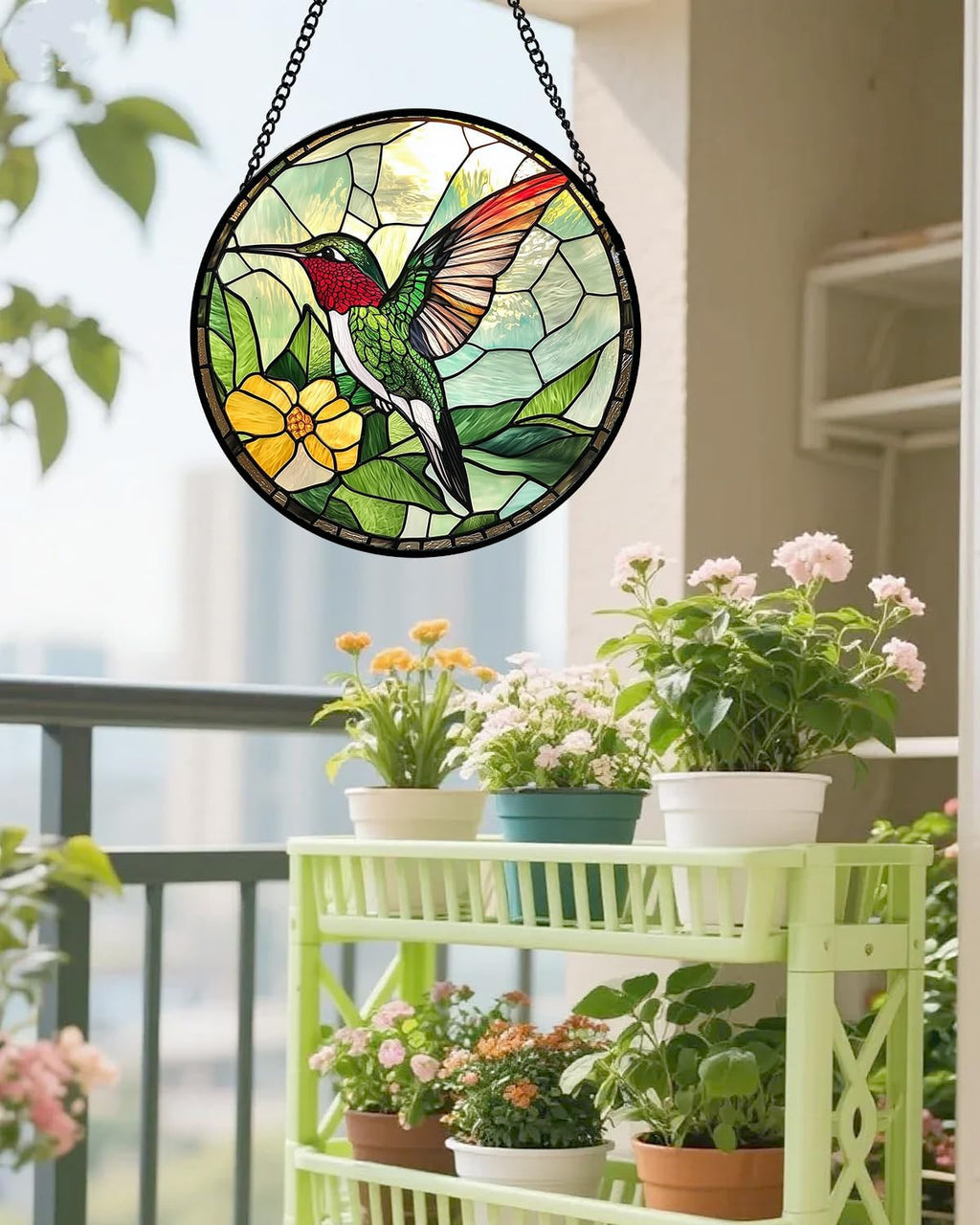 Stained Glass Window Hanging, Green Hummingbird Sun Catcher for Door Home Decor, Birds Suncatcher Christmas Mother's Day Birthday Gifts for Bird Lovers Women Men Mom and Nana 15 in