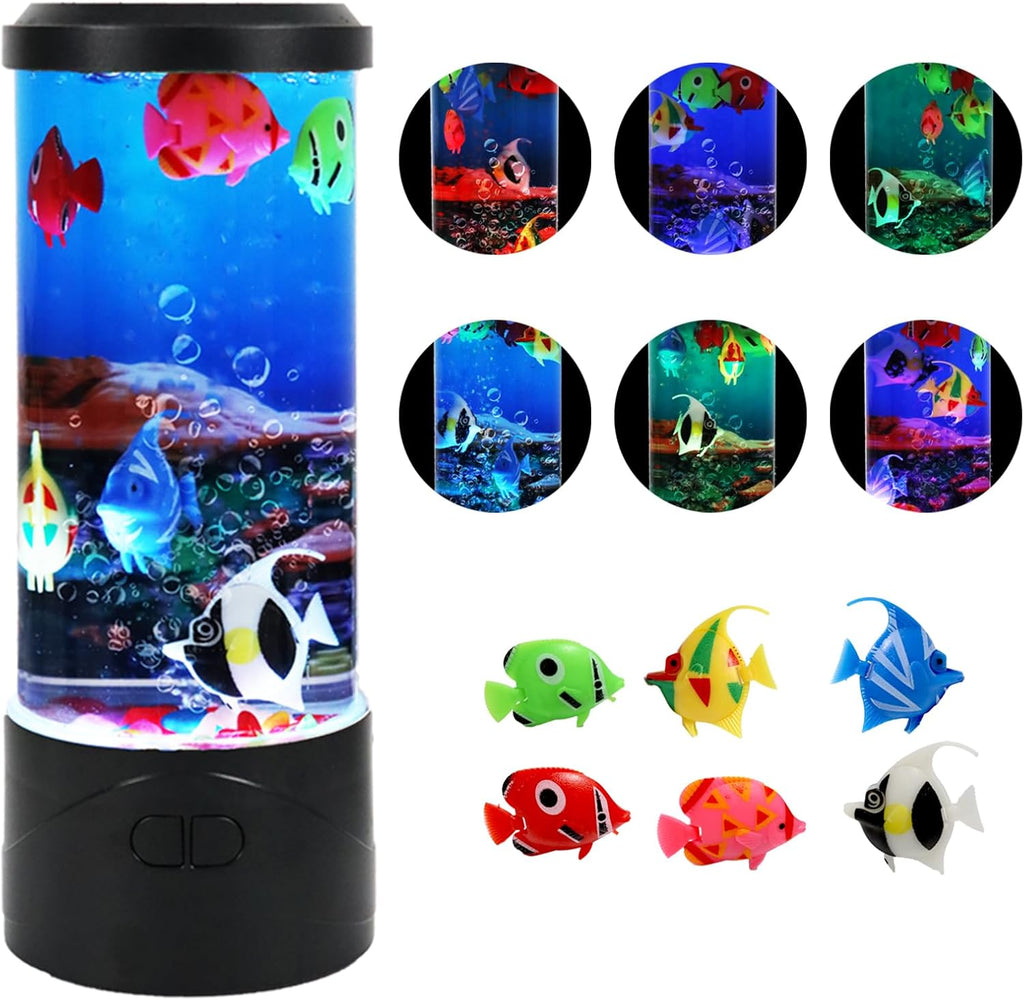 Toycol Bubble Aquarium Lamp | Fish Lamp Kit with 6 Fake Swimming Fish | Sensory Night Light with Energy-Safe USB Powered | 7 Color Changing Mood Light for Kids Bedroom, Desk, Office Decor and Gifts
