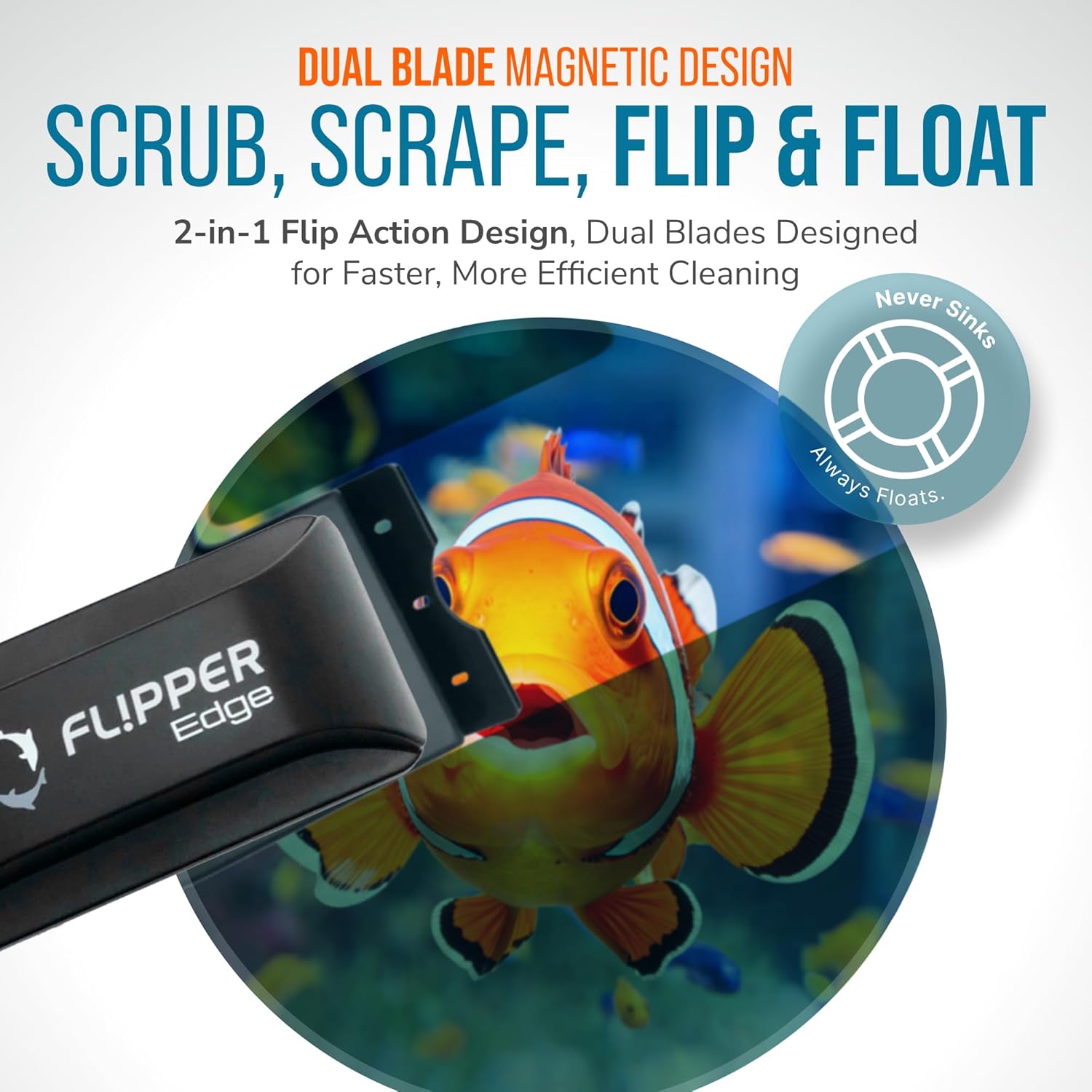 FLIPPER EDGE Standard Magnetic 2-in-1 Aquarium Cleaner for Glass and Acrylic Tanks up to 1/2" (12mm) Thick – Dual Blade Design with Floating Algae Scraper and Cleaning Tool – Black