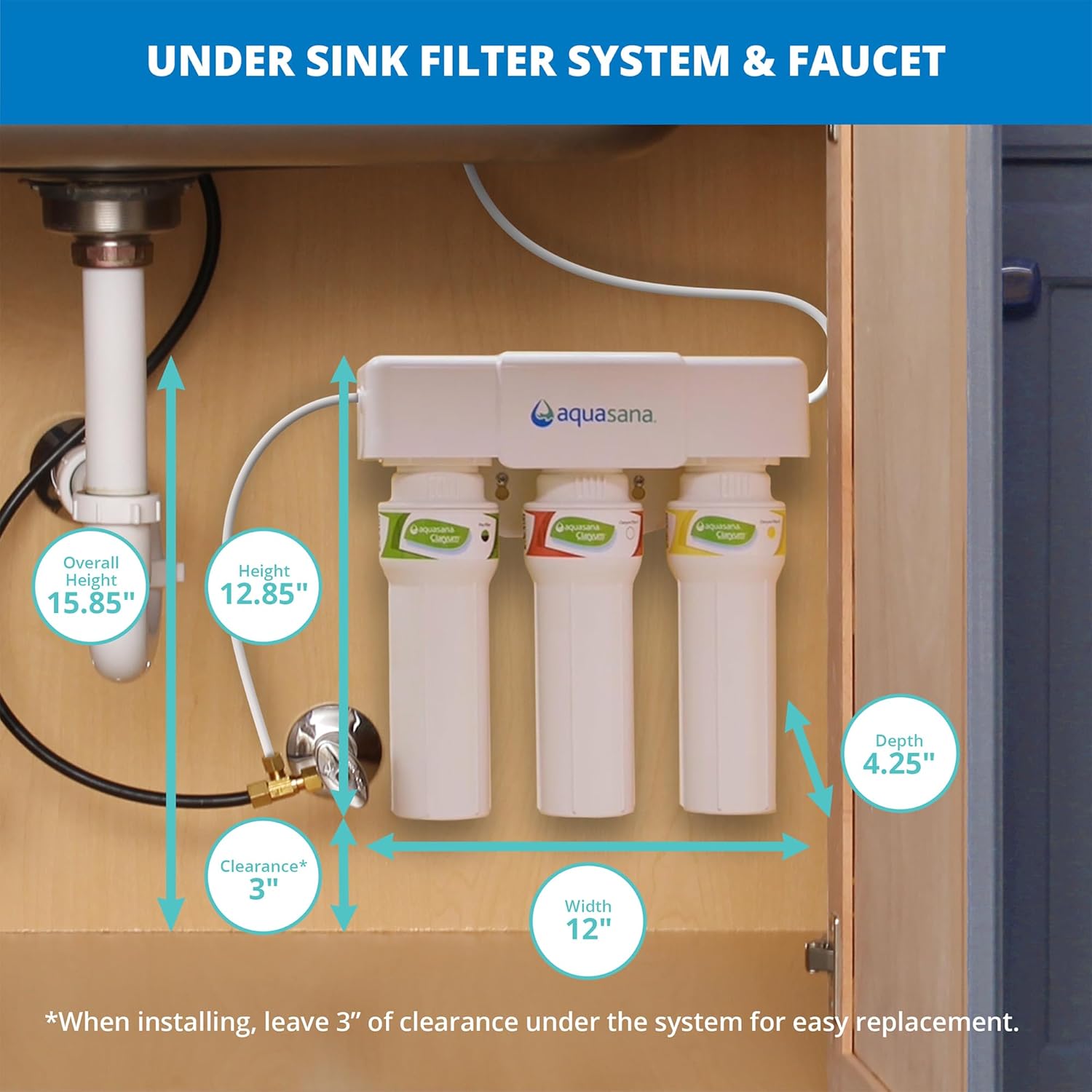 Aquasana Under Sink Water Filter System - Reduces PFAS, Lead, & Chlorine in Drinking Water - Under Counter Claryum Filtration for Kitchen - 3-Stage Max Flow - Chrome Faucet - AQ-5300+.56