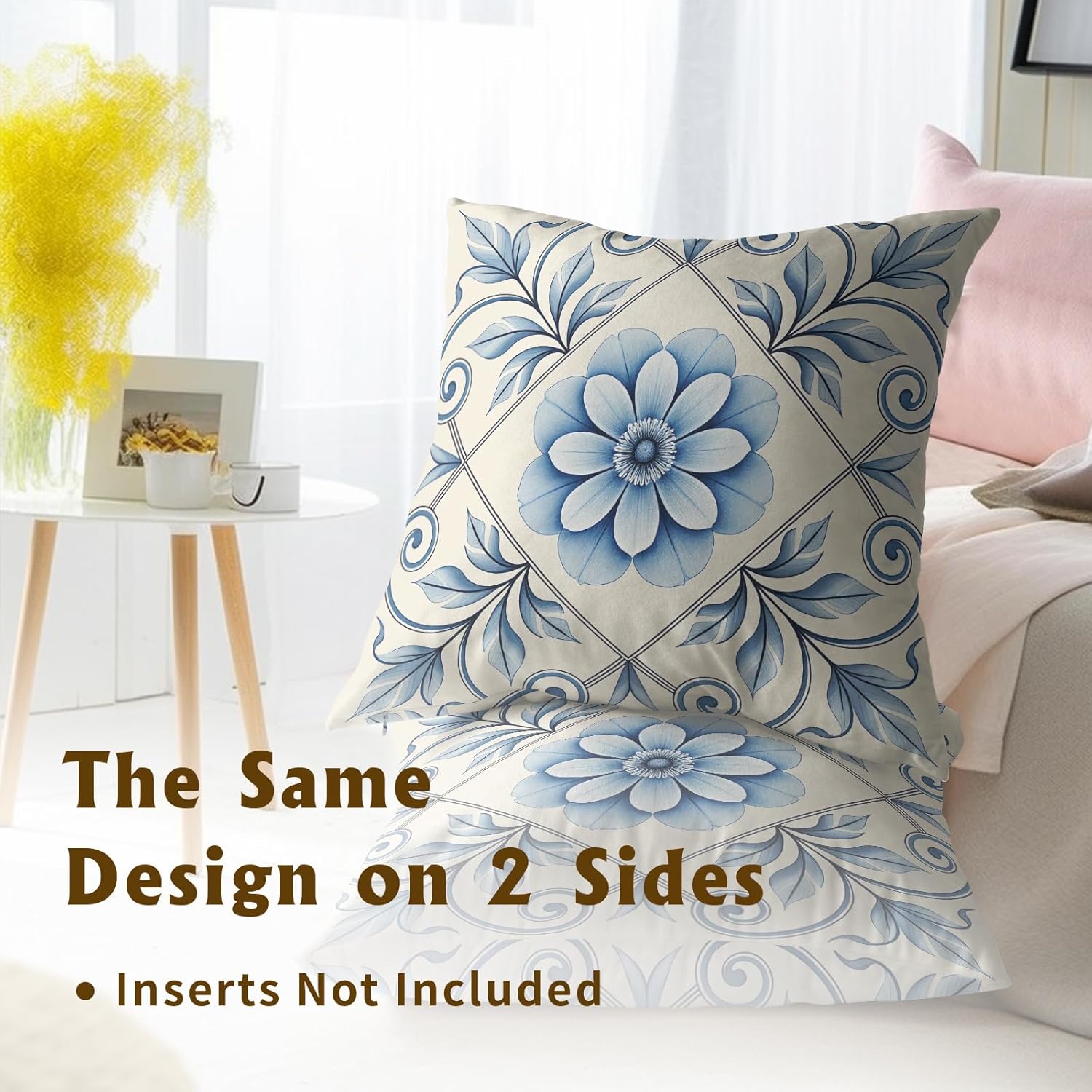 Blue and White Floral Throw Pillow Covers Set of 2 Ultra-Soft All-Season Pillow Shams with Hidden Zipper,Durable for Sofa Bed Car Decor & Gift 18x18IN