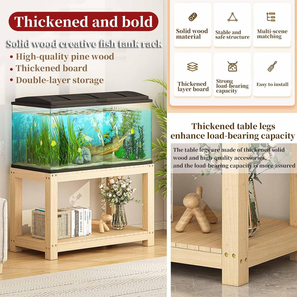 FORRTY Solid Wood Aquarium Stand – Heavy Duty Wooden Fish Tank Stand With 2-Tier Storage | Natural Pine Reptile Tank Table | Indoor Plant Rack | Printer Table | Multi-Purpose Shelf | 30–150cm Width(Br