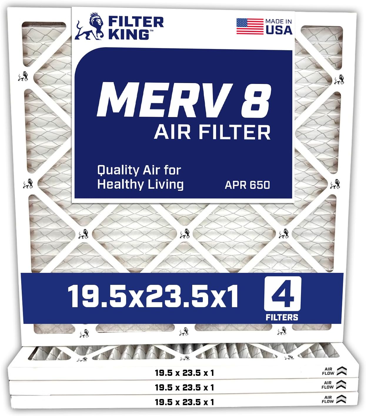 Filter King 19.5x23.5x1 Air Filter | 4-PACK | Carbon MERV 8 HVAC Pleated A/C Furnace Filters | MADE IN USA | Actual Size: 19.5 x 23.5 x .75"