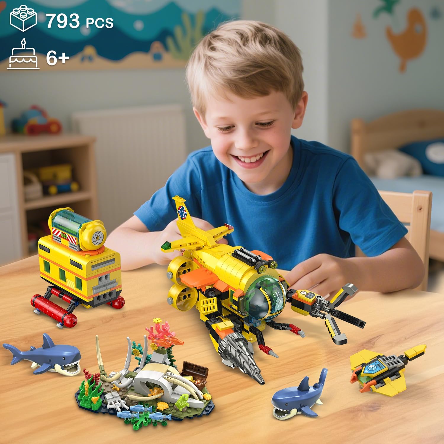 HOGOKIDS 3 Styles City Submarine Building Set with LED Light, Ocean Exploration Yellow Boat Sub Toy with 2 Sharks, Whale Skeleton and Ray Drone, Christmas Birthday Gift for Kids Boys Girls 8-14+