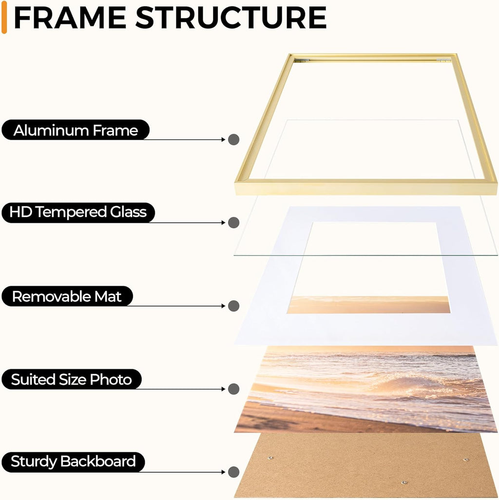 RICHFOCUS Aluminum Picture Frame - 18x24 Gold Metal Frame with Mat for 16x20 Photo, Floating Frame with Tempered Glass - Poster Frame Wall Hook Included for Gallery Wall