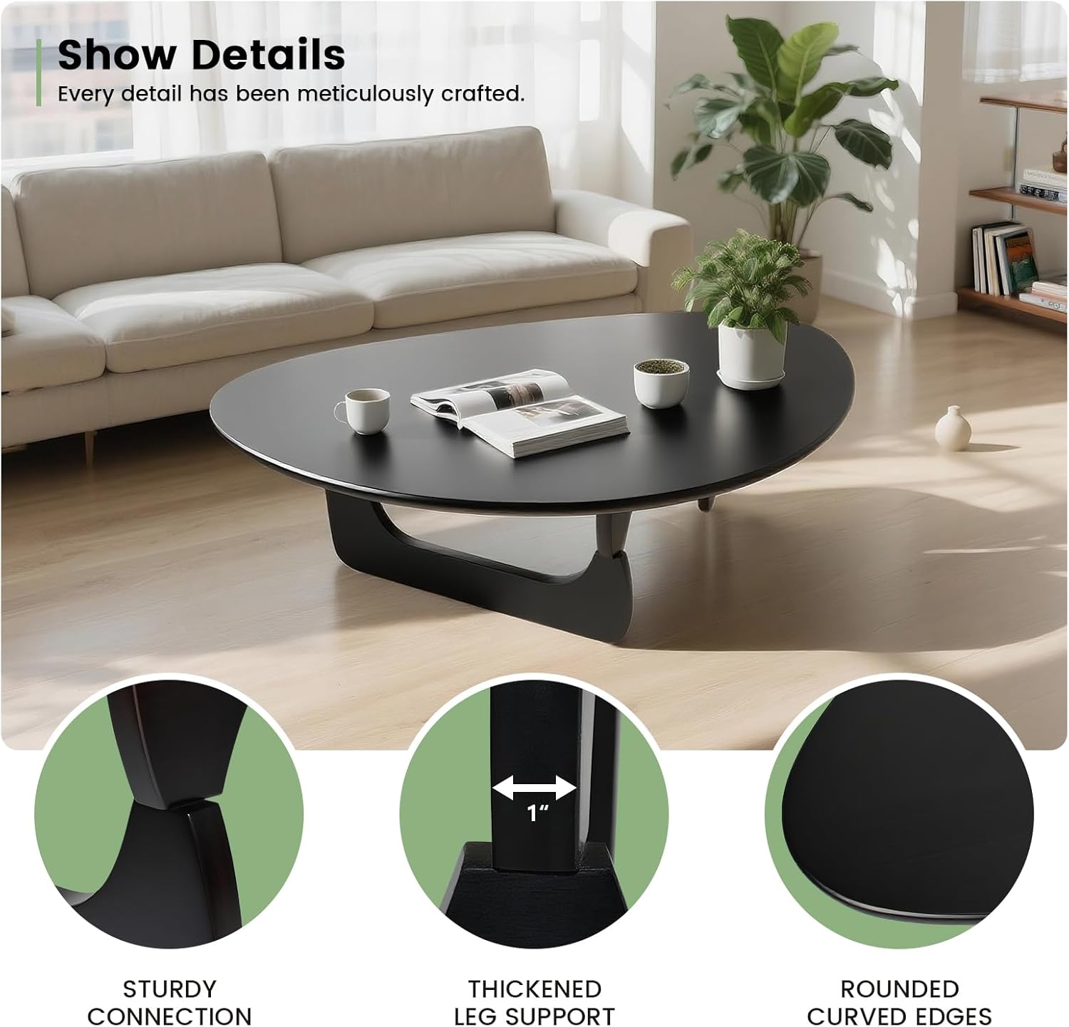 Solid Wooden Modern Triangle Coffee Table: Unique Funky Coffee Tables for Living Room, Oval Mid-Century Irregular Abstract Tea Tables for Patio Office Balcony Bedroom (Black, 43" L x 31" W x 16" H)