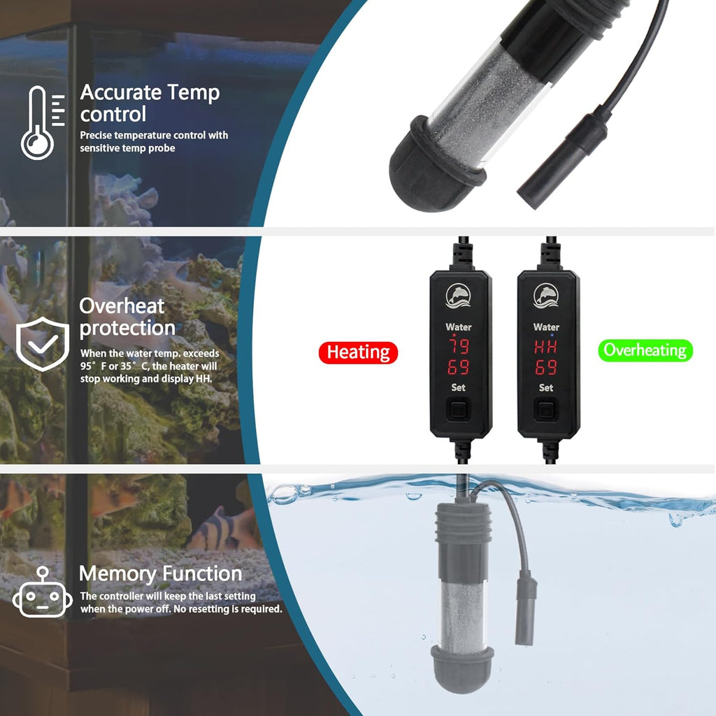 Small Aquarium Heater 50W Submersible Fish Tank Heater for 5-15 Gallons, Dual LED Display Temperature Controller, Suitable for Saltwater and Freshwater, Mini Water Heater for Betta/Turtle Tank