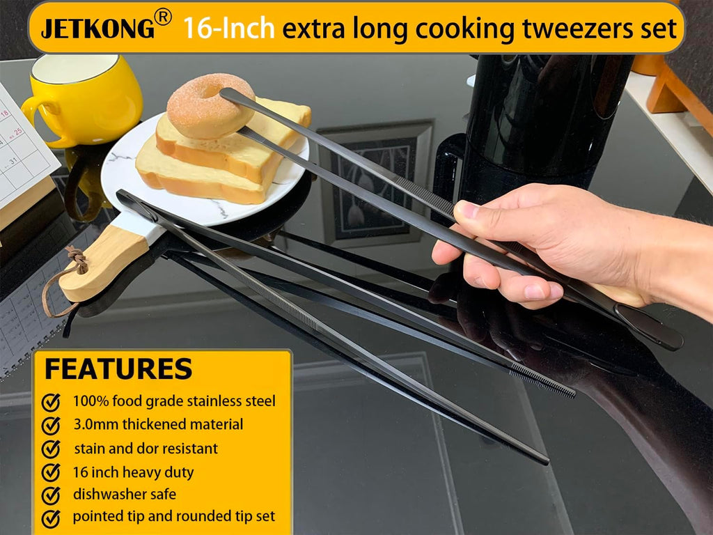 JETKONG 2 Pcs 16-Inch Heavy Duty Plating Tongs, Extra-Long Kitchen Fine Tongs Large Stainless Steel Cooking Forceps (Black)