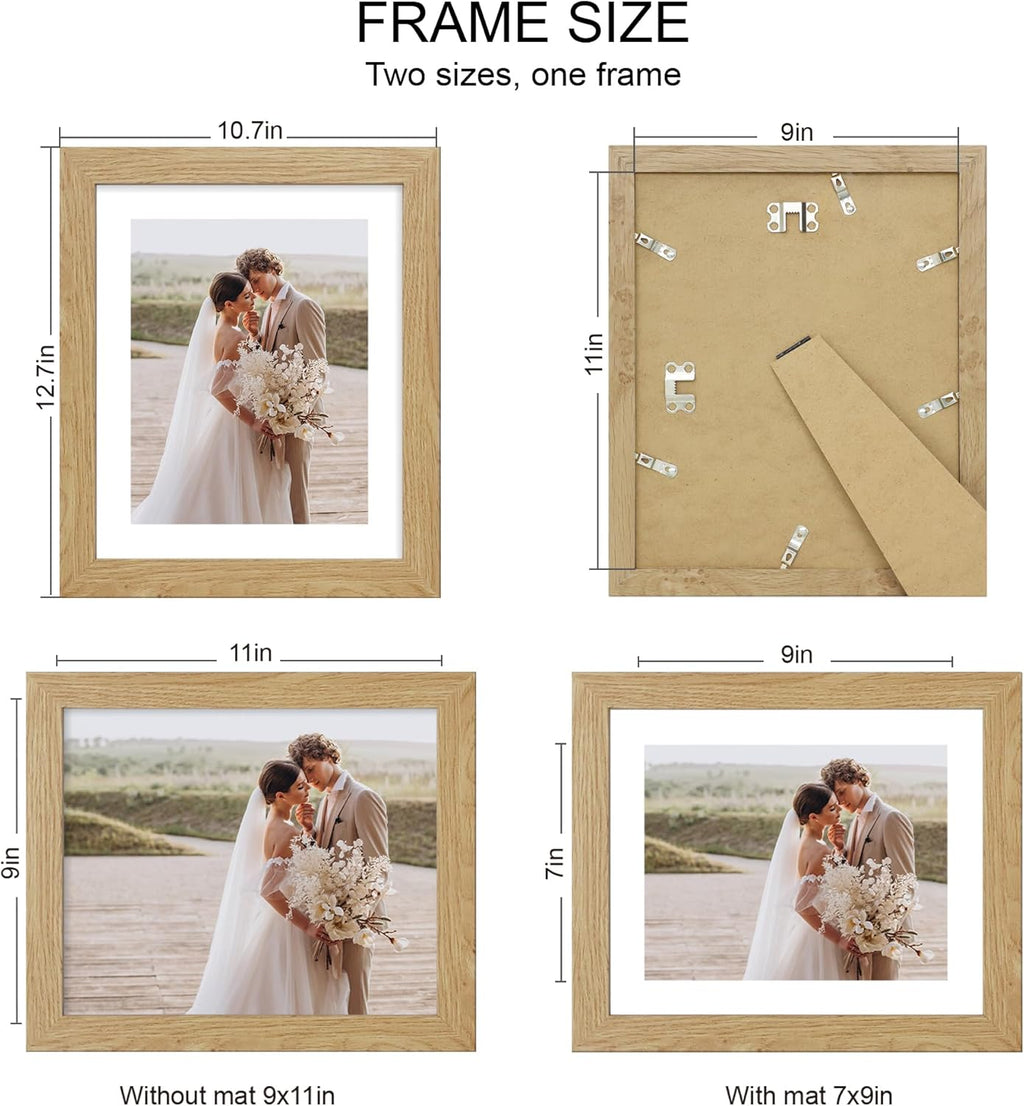 9x11 Picture Frame Set of 4, Made of Real Glass and Natural Oak Frame - Display Picture 7x9 with Mat or 9x11 Without Mat, 9 by 11 Photo for Wall or Tabletop