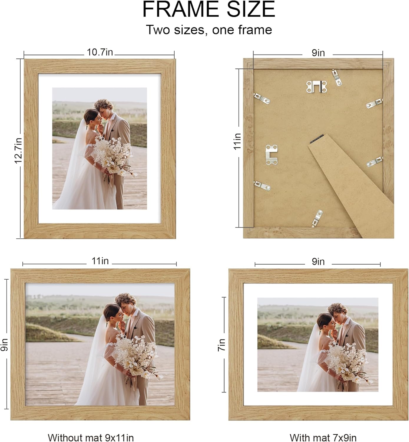 9x11 Picture Frame Set of 4, Made of Real Glass and Natural Oak Frame - Display Picture 7x9 with Mat or 9x11 Without Mat, 9 by 11 Photo for Wall or Tabletop