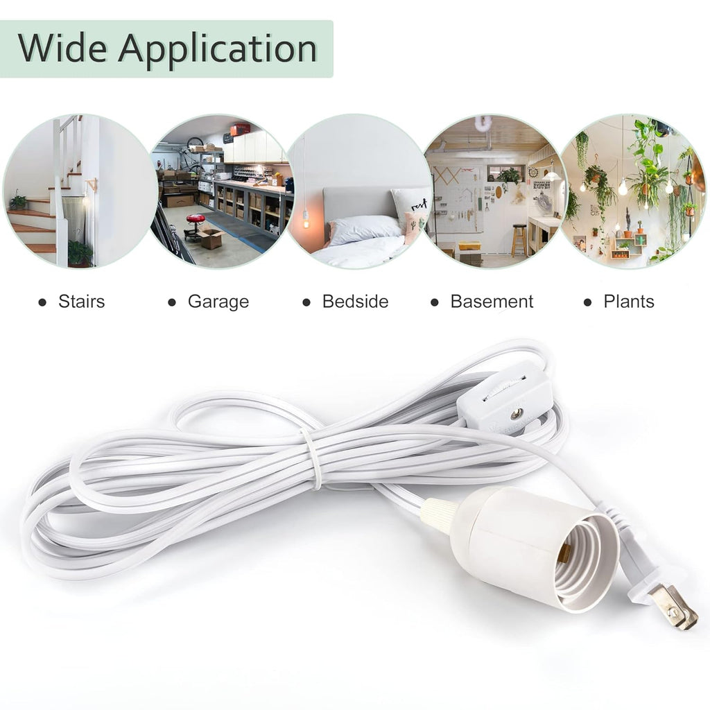 JACKYLED Extension Hanging Lantern Cord Cable UL 2-Pack 12Ft 360W with E26 E27 Socket Gear Switch + Hooks + 2-Prong US AC Power Plugs, Extra Lighting for Garage, Closet, Dark Corner, Plants