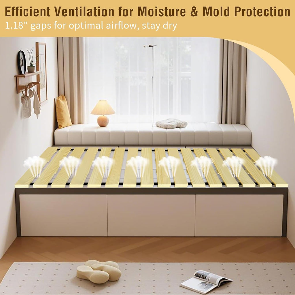 Japanese Tatami Mat Floor Bed, Knotless Solid Wood, Roll-Up Slatted, Bed Plate with 2 Storage Straps, Moisture-Proof and Breathable for Floor Sleeping or Futon Mattress, Twin