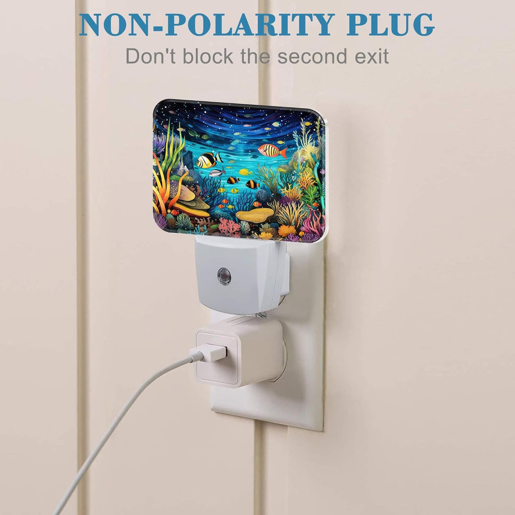 Colorful Underwater World Night Light for Kids, Fish and Coral LED Night Light Plug into Wall with Dusk to Dawn Sensor for Girls Boys Women Men Bedroom,Hallway,Kitchen,Bathroom,Stairs Decor