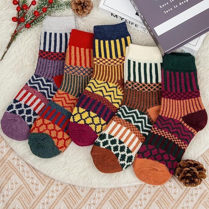 Justay 5 Pairs Wool Socks for Women - Winter Thick Boot Cozy Crew Vintage Soft Calf Knit Warm Socks Gifts