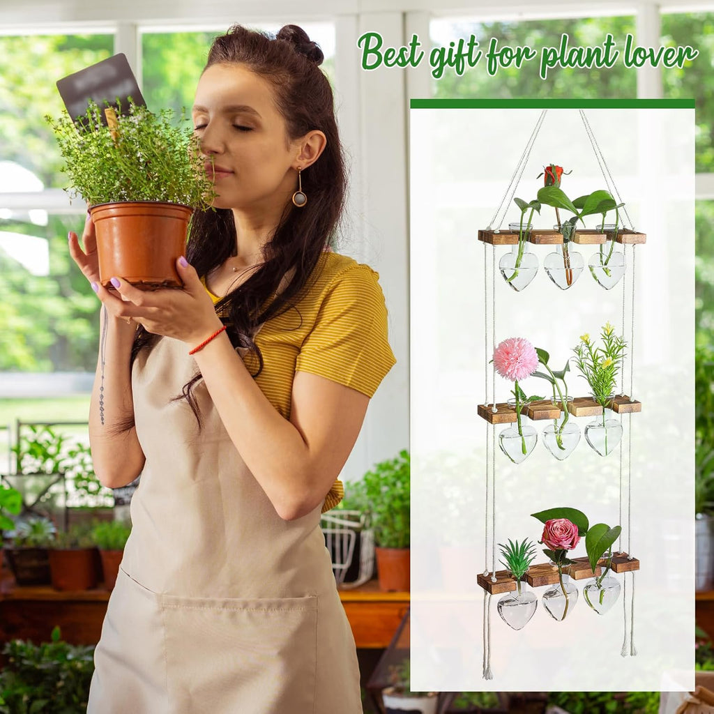 Leinuosen Plant Hanging Propagation Station Wall Hanging Planters Terrarium with 3 Tiered Wooden Stands for Home Garden Decor Hydroponics Plant Lovers Gifts- 9 Glass Vases(Heart Shaped,Clear)